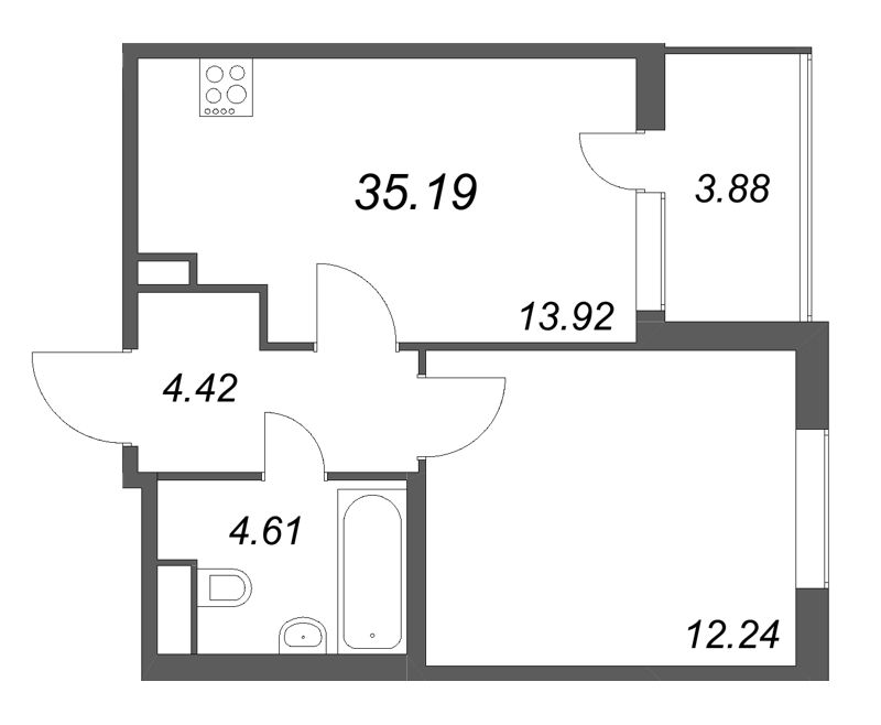 1-комнатная квартира, 35.19 м² в ЖК "ЮгТаун" - планировка, фото №1