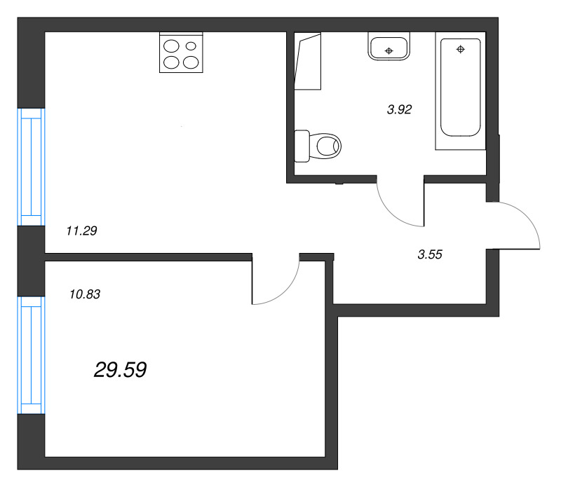 1-комнатная квартира, 29.59 м² в ЖК "Окла" - планировка, фото №1