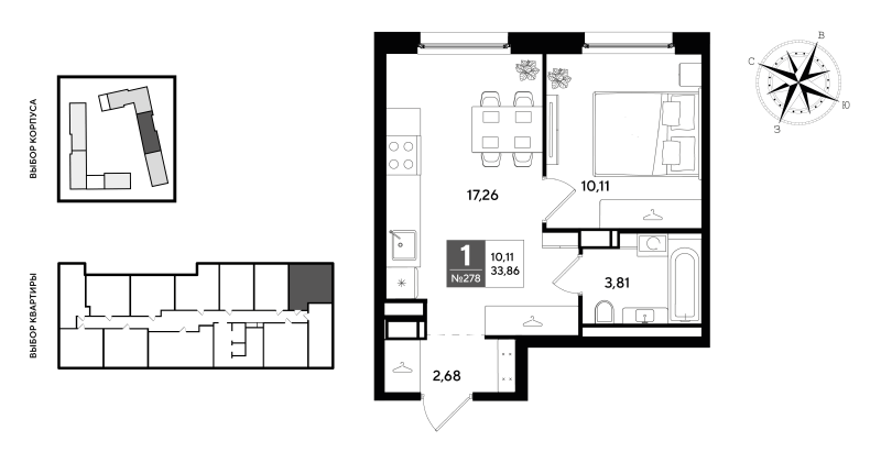 2-комнатная (Евро) квартира, 33.86 м² в ЖК "Догма Юкки 2" - планировка, фото №1