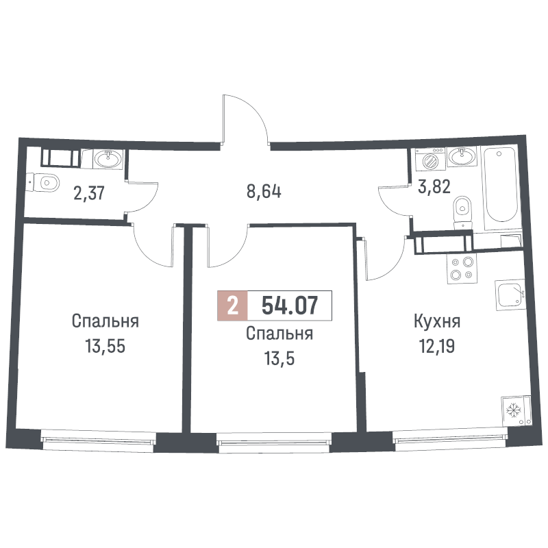 2-комнатная квартира, 54.07 м² в ЖК "Авиатор" - планировка, фото №1