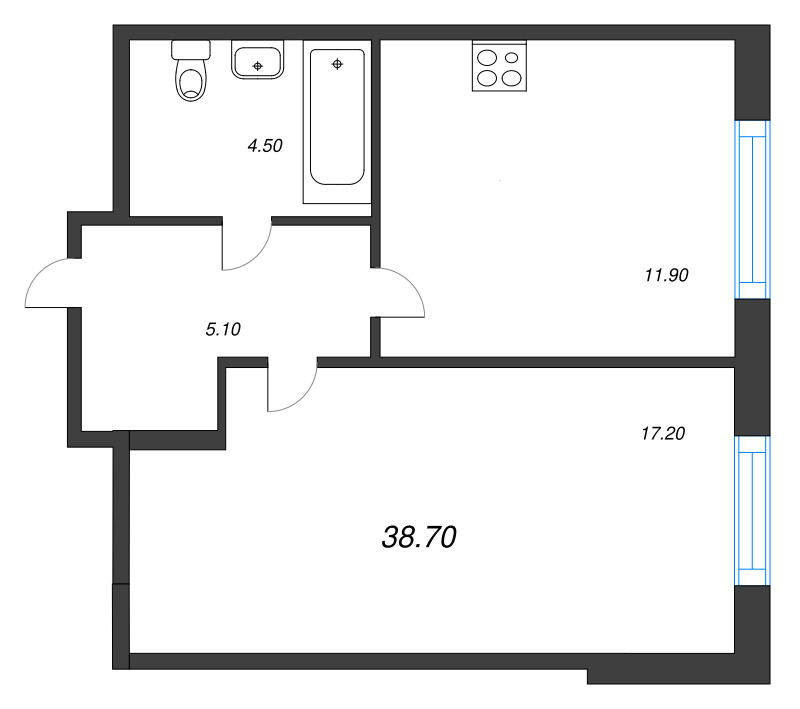 1-комнатная квартира, 38.7 м² в ЖК "Ягодное Река Парк" - планировка, фото №1