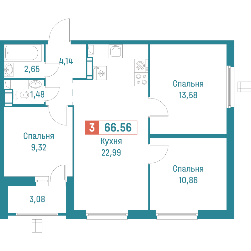 4-комнатная (Евро) квартира, 66.56 м² в ЖК "Графика" - планировка, фото №1