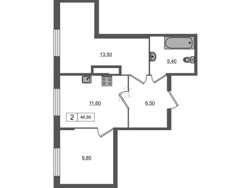 2-комнатная квартира, 46.8 м² в ЖК "PROMENADE" - планировка, фото №1