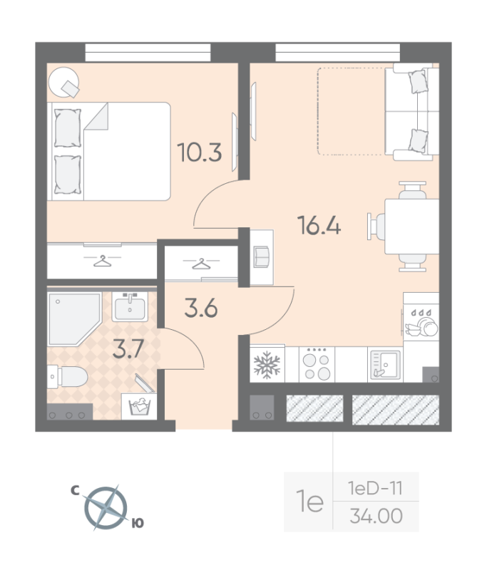 2-комнатная (Евро) квартира, 34 м² в ЖК "Пулково Lake" - планировка, фото №1