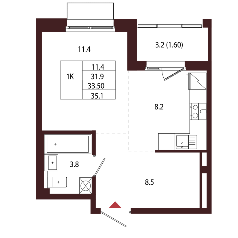 1-комнатная квартира, 33.5 м² в ЖК "Лисино" - планировка, фото №1