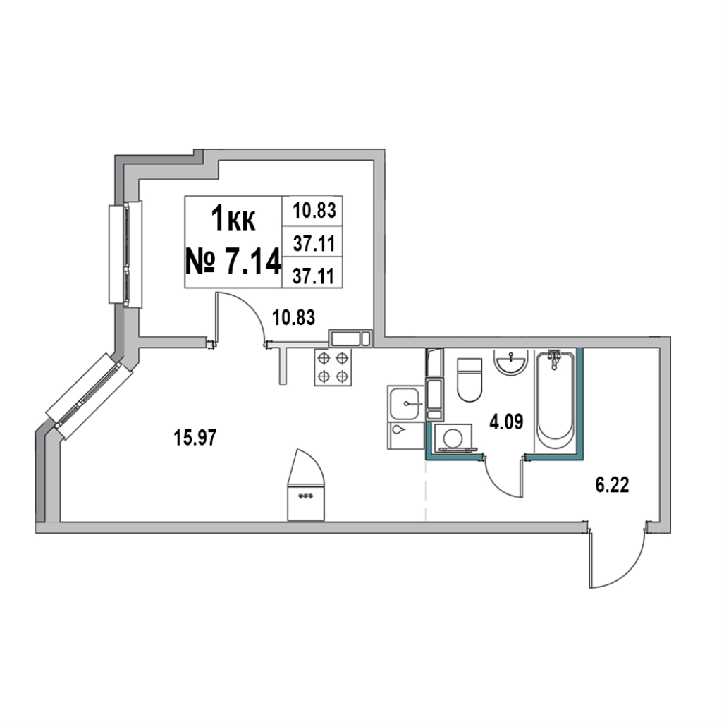 2-комнатная (Евро) квартира, 37.11 м² в ЖК "Новый Город" - планировка, фото №1
