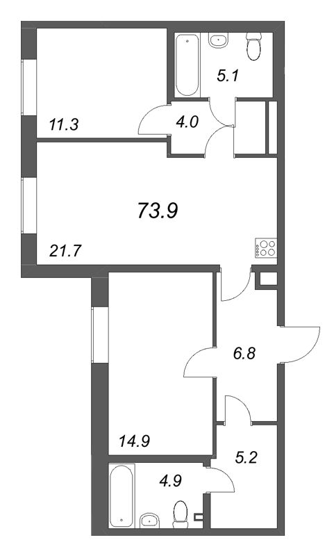 3-комнатная (Евро) квартира, 73.6 м² в ЖК "Коллекционер" - планировка, фото №1