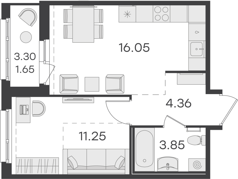 2-комнатная (Евро) квартира, 37.16 м² - планировка, фото №1