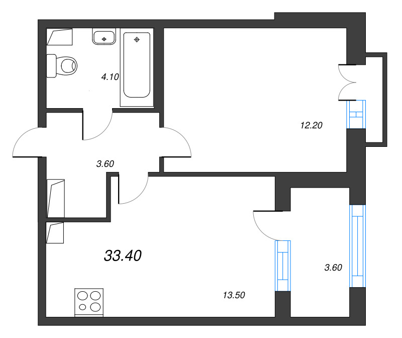 1-комнатная квартира, 33.4 м² - планировка, фото №1