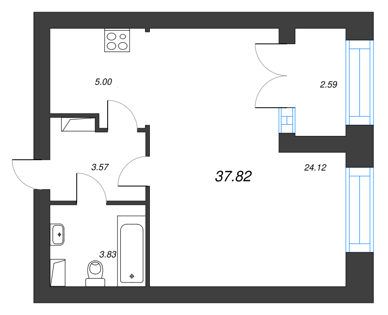 1-комнатная квартира, 38.2 м² в ЖК "Наука" - планировка, фото №1