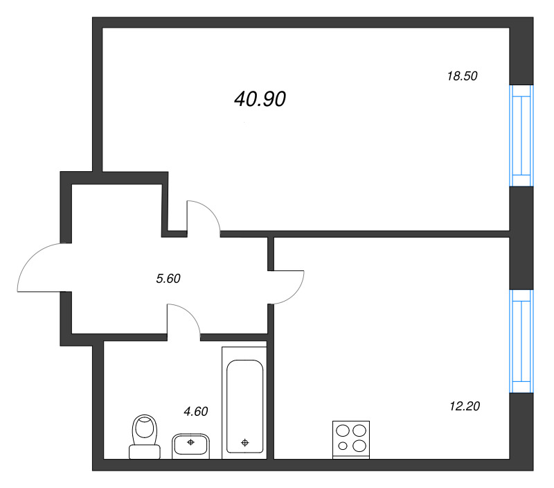 1-комнатная квартира, 40.9 м² в ЖК "Ягодное Река Парк" - планировка, фото №1