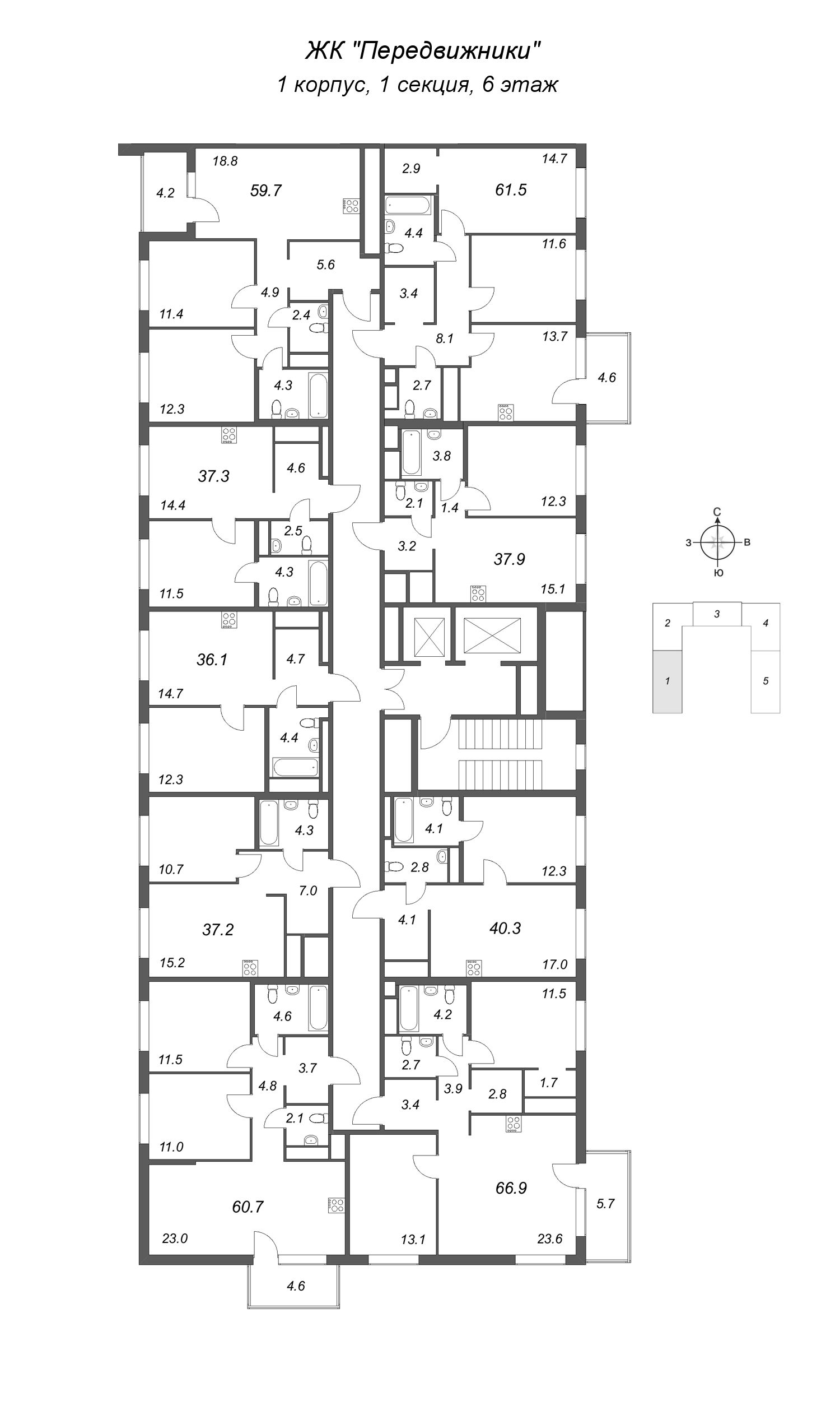 3-комнатная (Евро) квартира, 66.9 м² в ЖК "Передвижники" - планировка этажа