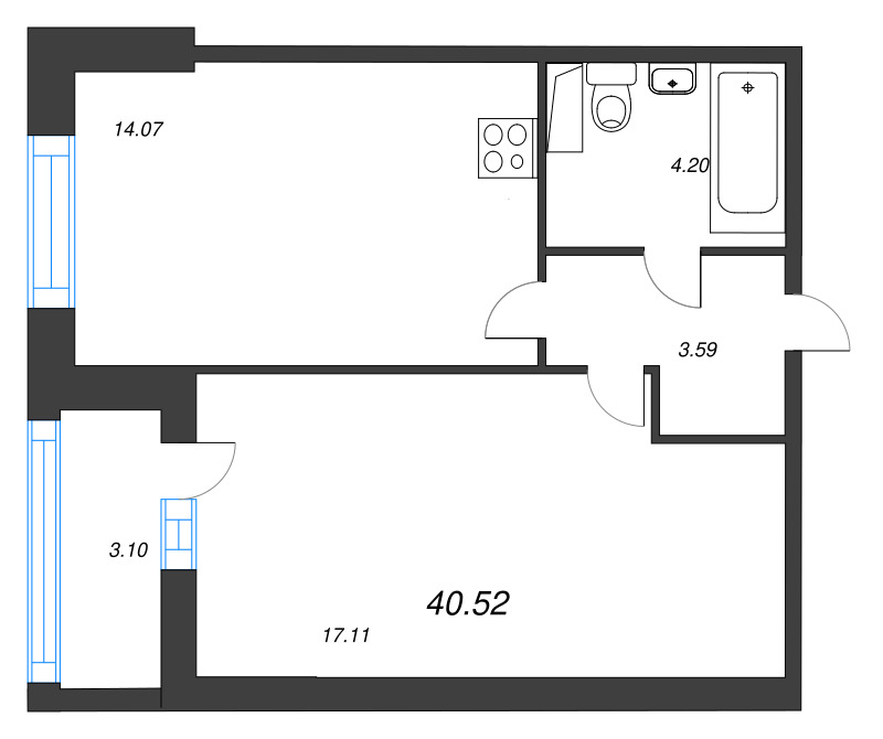 1-комнатная квартира, 40.44 м² - планировка, фото №1