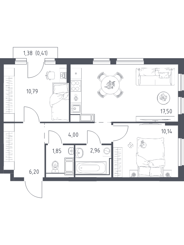 3-комнатная (Евро) квартира, 53.51 м² в ЖК "Новое Колпино" - планировка, фото №1