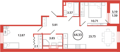 3-комнатная (Евро) квартира, 64.33 м² - планировка, фото №1