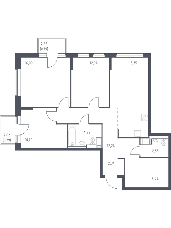 4-комнатная (Евро) квартира, 88.94 м² в ЖК "Новое Колпино" - планировка, фото №1