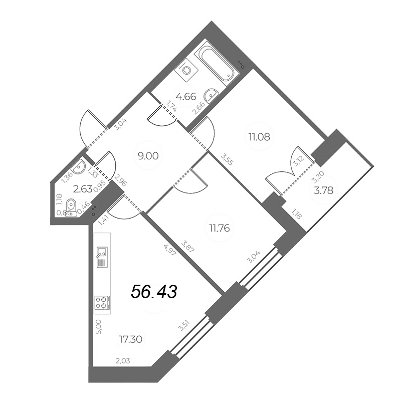 3-комнатная (Евро) квартира, 58.32 м² - планировка, фото №1