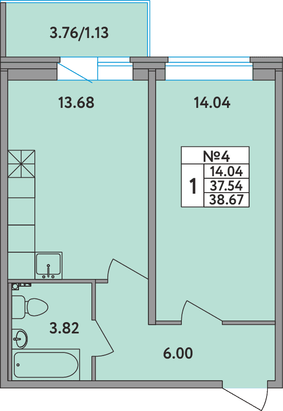 1-комнатная квартира, 38.3 м² в ЖК "Удача (Вита)" - планировка, фото №1