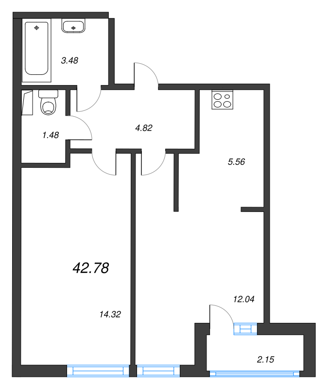 2-комнатная (Евро) квартира, 43.8 м² в ЖК "AEROCITY" - планировка, фото №1