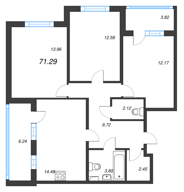 3-комнатная квартира, 71.29 м² в ЖК "Любоград" - планировка, фото №1