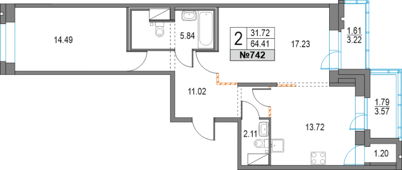 2-комнатная квартира, 64.41 м² - планировка, фото №1