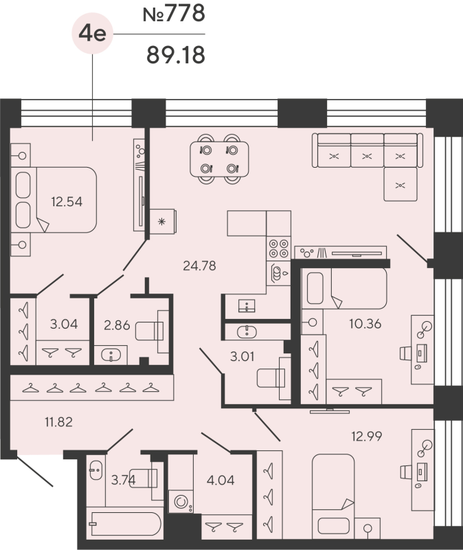 4-комнатная (Евро) квартира, 88.33 м² в ЖК "Башни Элемент" - планировка, фото №1