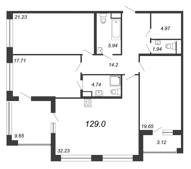 4-комнатная (Евро) квартира, 129.2 м² - планировка, фото №1