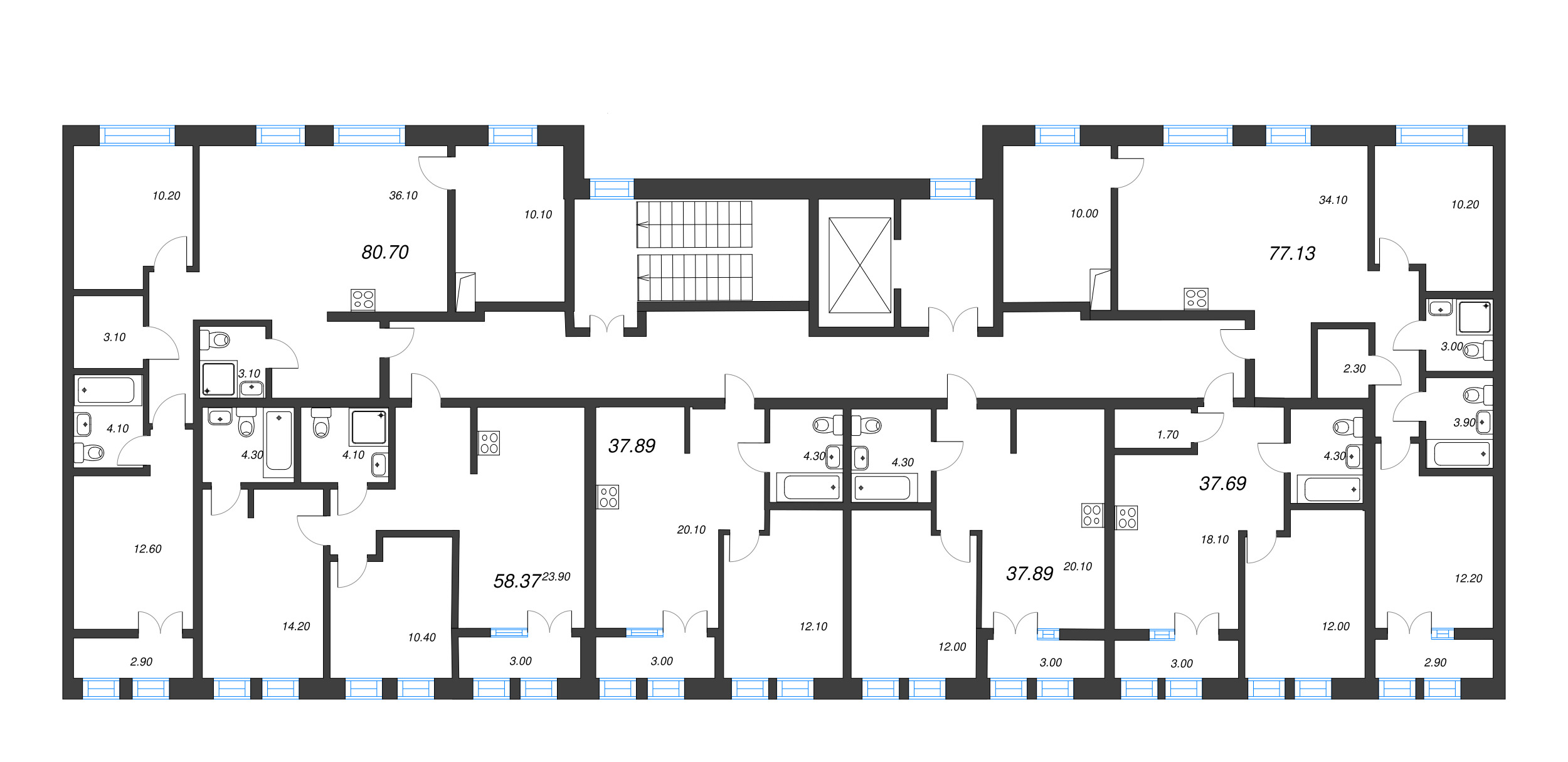 3-комнатная квартира, 77.13 м² в ЖК "NewПитер 2.0" - планировка этажа