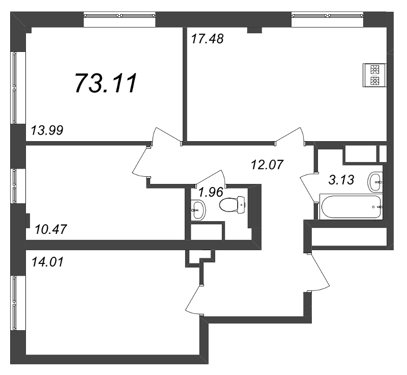 4-комнатная (Евро) квартира, 73.11 м² - планировка, фото №1