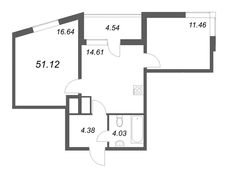 2-комнатная квартира, 51.12 м² в ЖК "Belevsky Club" - планировка, фото №1