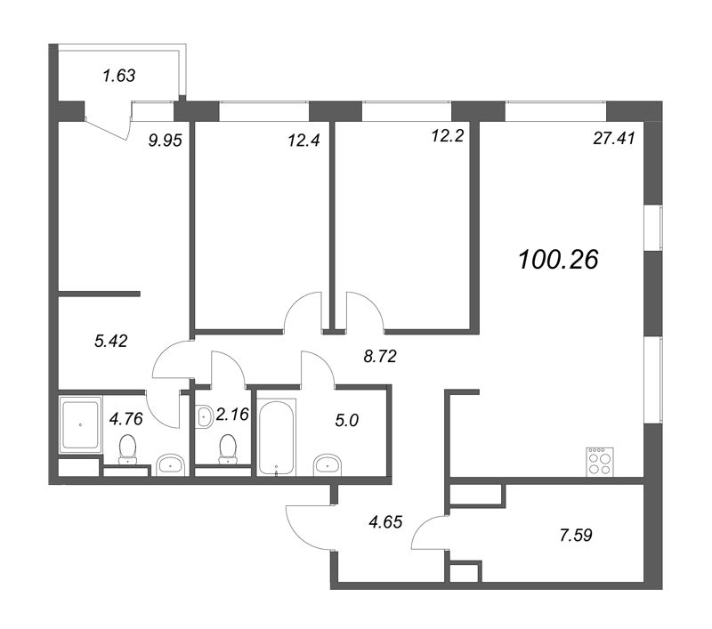 4-комнатная (Евро) квартира, 100.26 м² - планировка, фото №1