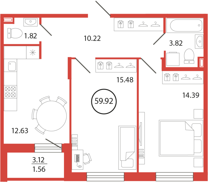 2-комнатная квартира, 59.92 м² в ЖК "Энфилд" - планировка, фото №1
