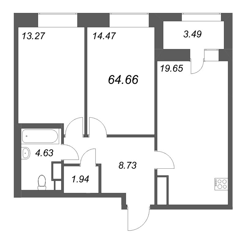 3-комнатная (Евро) квартира, 64.66 м² в ЖК "Аквилон Солар" - планировка, фото №1