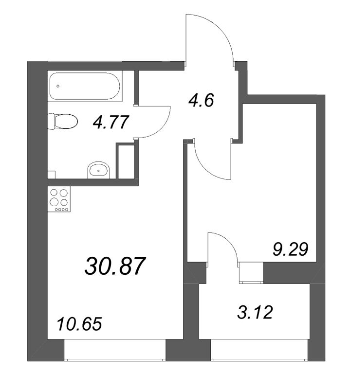1-комнатная квартира, 30.87 м² в ЖК "Аквилон Солар Парк" - планировка, фото №1