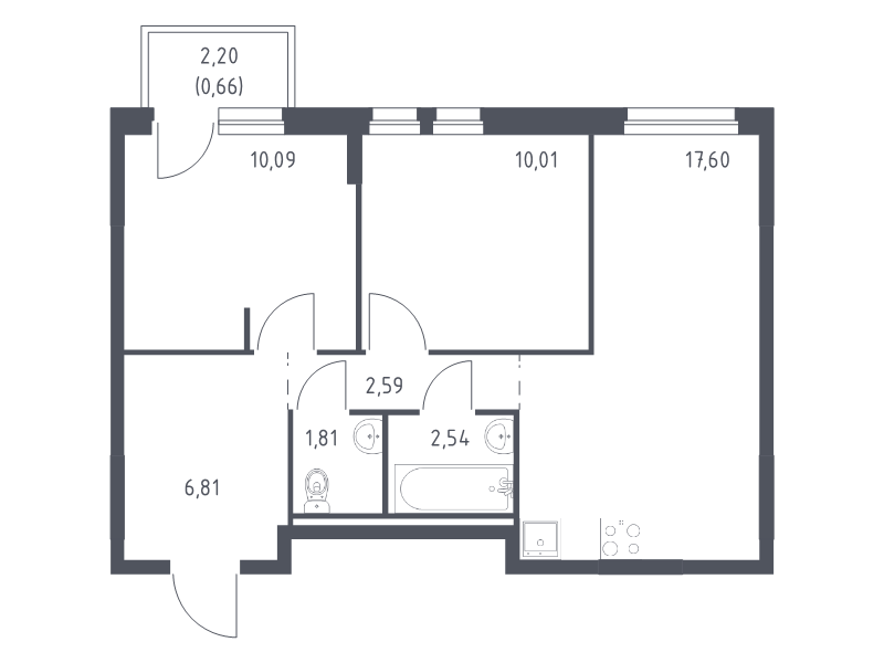 3-комнатная (Евро) квартира, 52.11 м² в ЖК "Невская Долина" - планировка, фото №1