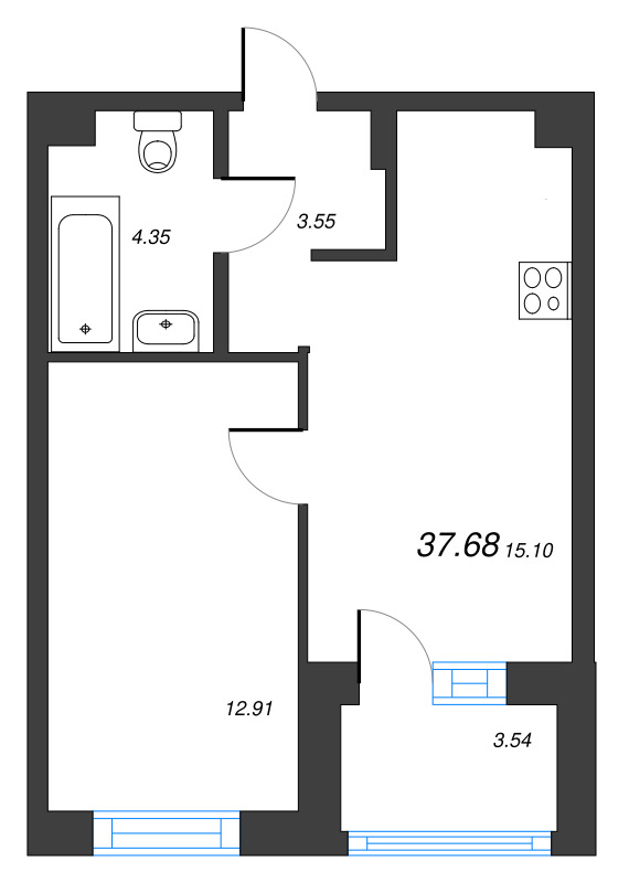2-комнатная (Евро) квартира, 37.68 м² в ЖК "Тишин" - планировка, фото №1