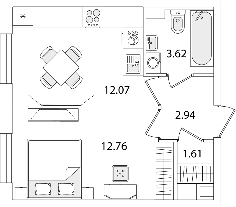 1-комнатная квартира, 33 м² в ЖК "Кинопарк" - планировка, фото №1
