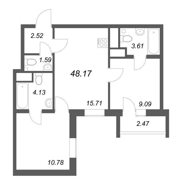 3-комнатная (Евро) квартира, 48.17 м² - планировка, фото №1