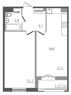 2-комнатная (Евро) квартира, 53.2 м² - планировка, фото №1