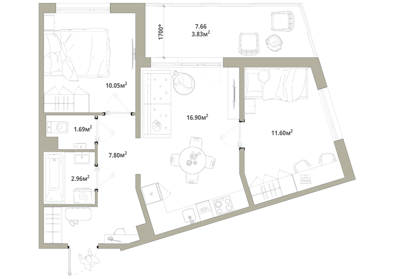 3-комнатная (Евро) квартира, 54.83 м² в ЖК "Тишин" - планировка, фото №1