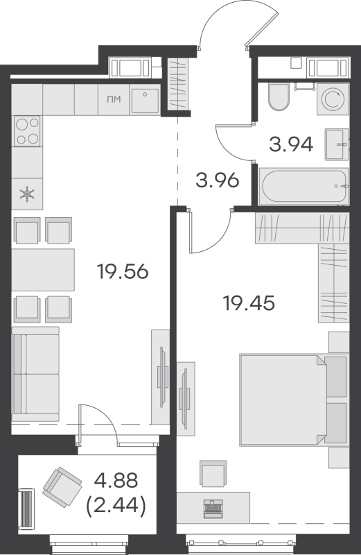 2-комнатная (Евро) квартира, 49.35 м² - планировка, фото №1