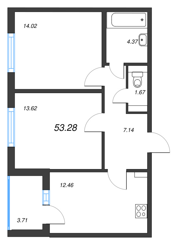 2-комнатная квартира, 53.28 м² - планировка, фото №1
