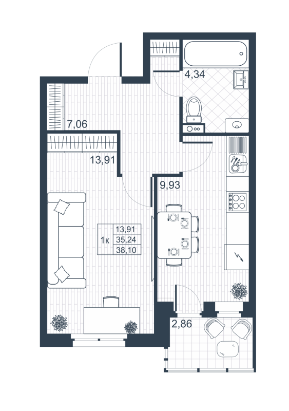 1-комнатная квартира, 36.67 м² в ЖК "Ново-Антропшино" - планировка, фото №1