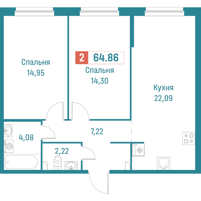 3-комнатная (Евро) квартира, 64.86 м² в ЖК "Графика" - планировка, фото №1