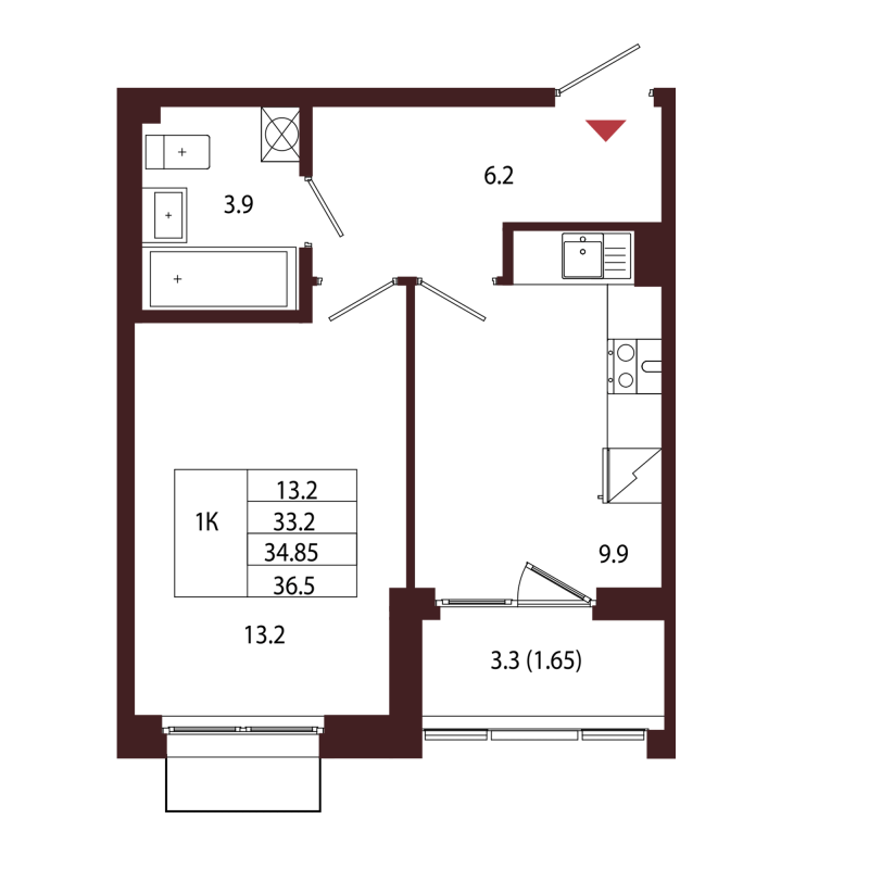 1-комнатная квартира, 34.85 м² в ЖК "Лисино" - планировка, фото №1
