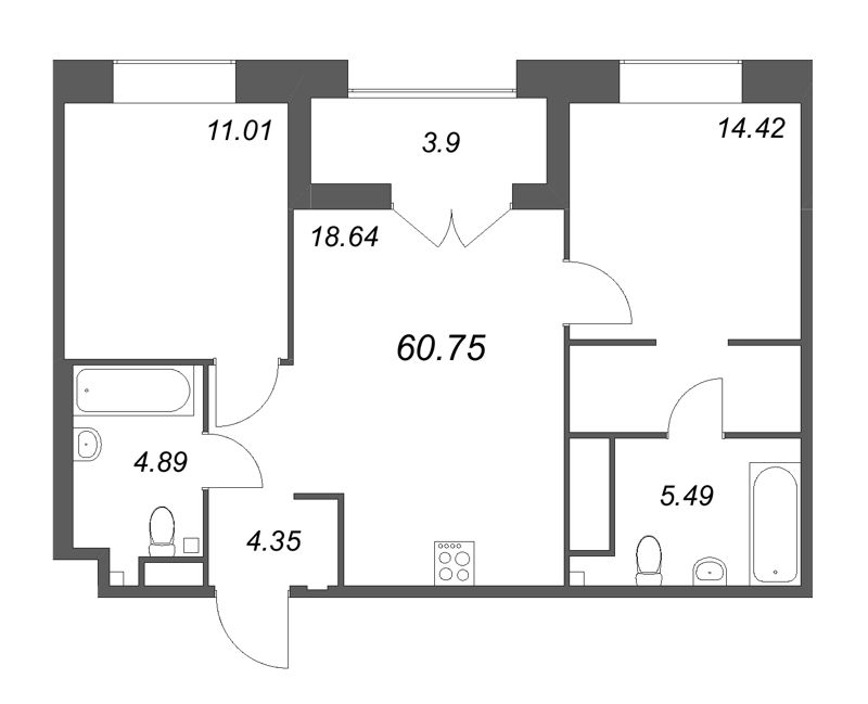 3-комнатная (Евро) квартира, 60.75 м² - планировка, фото №1