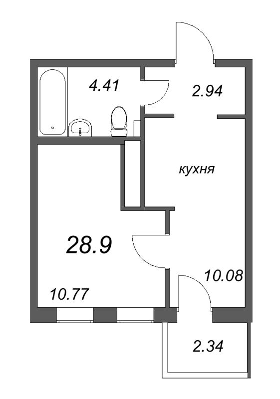 1-комнатная квартира, 28.9 м² - планировка, фото №1
