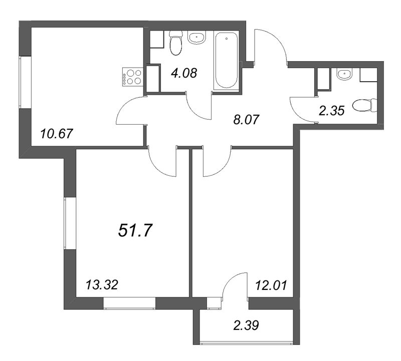 2-комнатная квартира, 51.7 м² в ЖК "Кинопарк" - планировка, фото №1