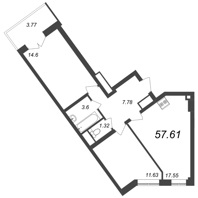 3-комнатная (Евро) квартира, 57.61 м² - планировка, фото №1
