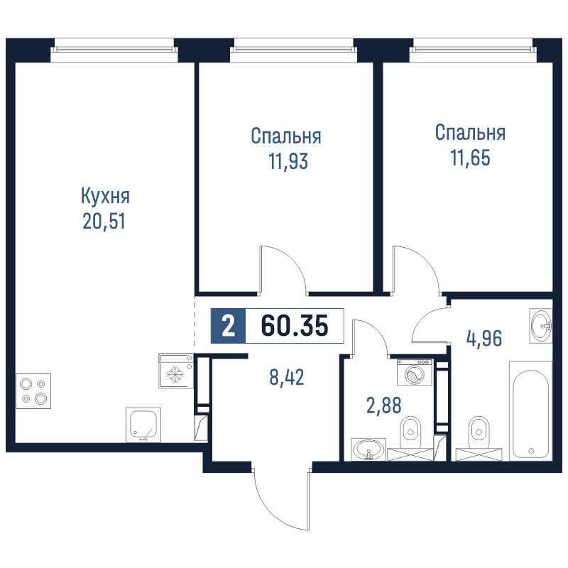3-комнатная (Евро) квартира, 60.35 м² в ЖК "Максималист" - планировка, фото №1